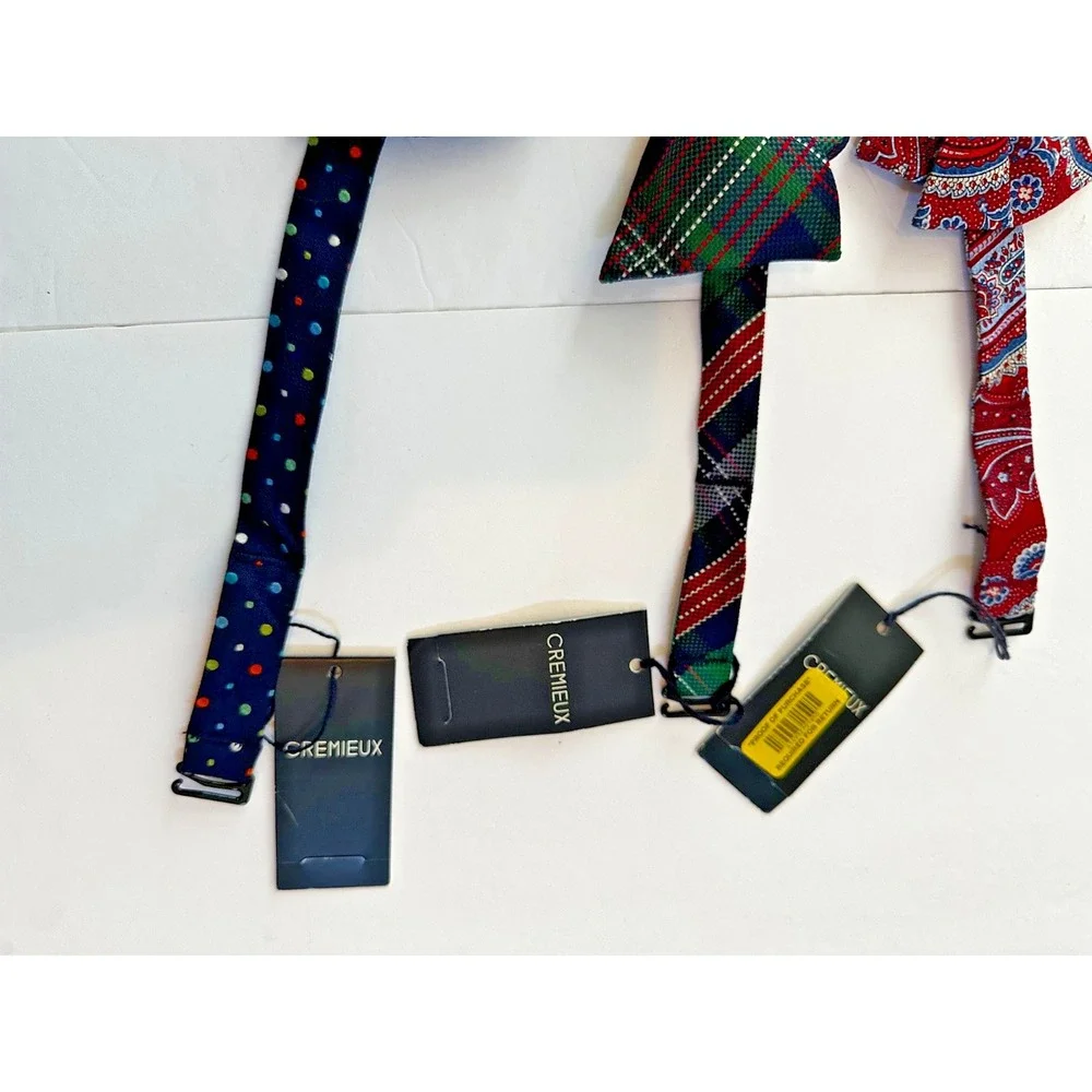 Cremieux Bow tie 100% Silk Plaid Paisley Dots Red Green Blue NEW Set 3